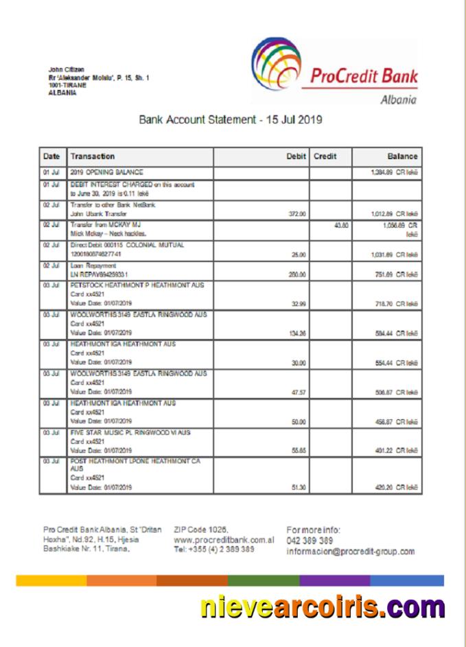 Albania Prokredit Bank  statement